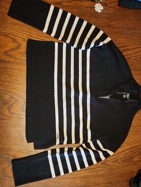 DKNY Black and White Striped Zip-Up Sweater